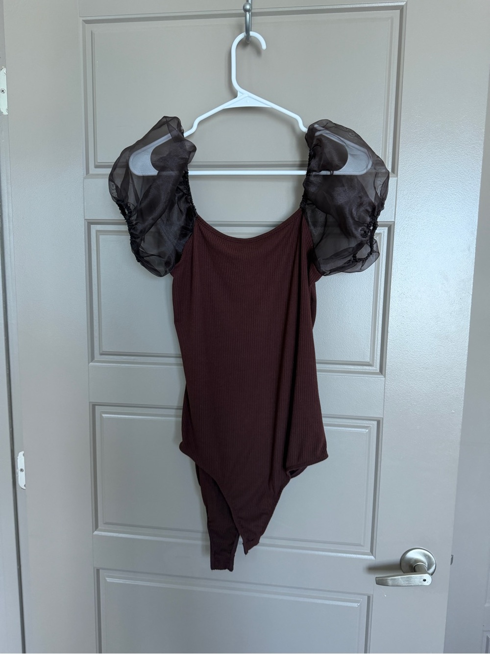 Altar'd State Brown Ribbed Bodysuit with Sheer Puff Sleeves